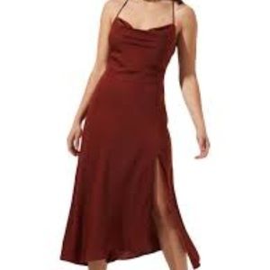 ASTR Gaia Satin Midi Dress in Brown (Rust)